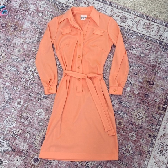 Jennifer Gee Vintage Midi Shirt Dress Bright Peach Salmon Pink Orange - Picture 2 of 14